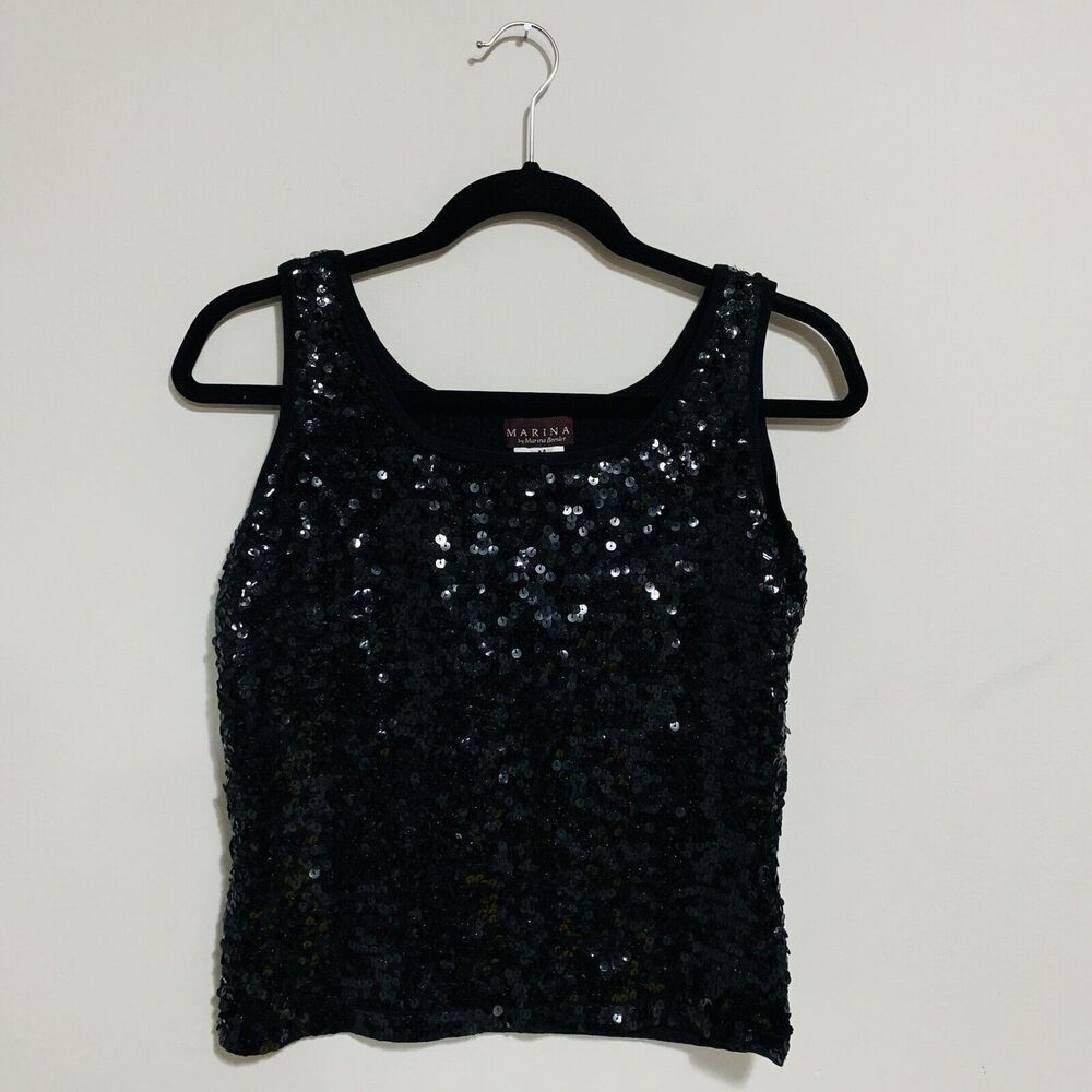 MARINA Silk Tank Top Sequin Black Womens Size M MARINA BRESLER Evening Vegas